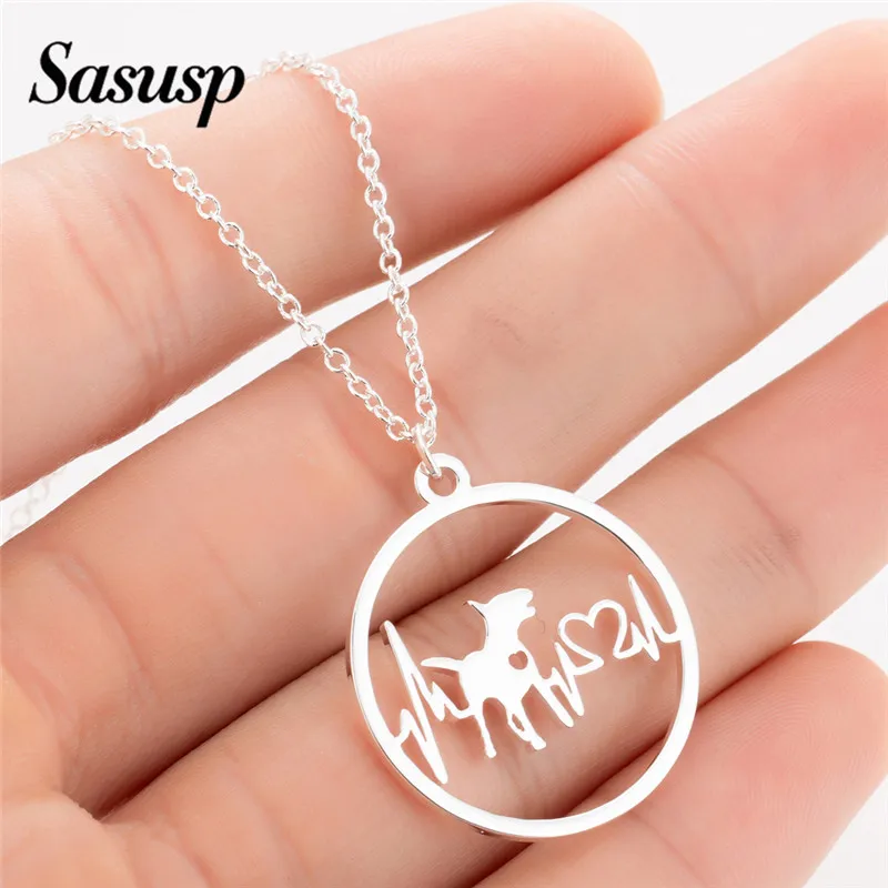 Fashion Fine Heart Bull Terrier Dog Pendant Stainless Steel Round Animal Jewelry Simple Sweater Chain Lovers Gift for Women Men