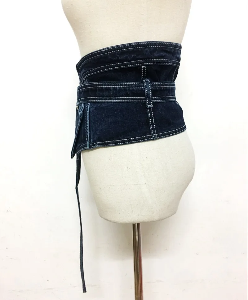 Korean Denim Jean Fabric Waist Belt For Women Wide Corset Belt Retro Design Front Tie up Waist Belt Girl Costume Dress Belts New