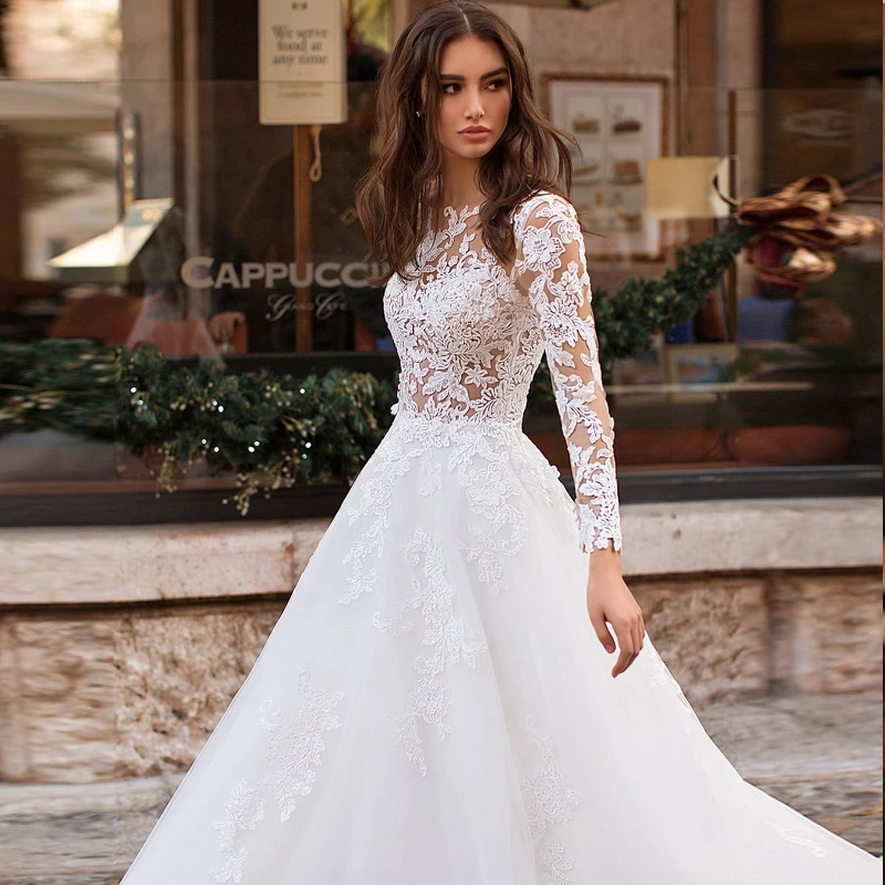 Charming Appliques Long Sleeves Wedding Dress Fashion Scoop A-line Princess Saudi Arabia Lace Bridal Gown Vestido de Noiva