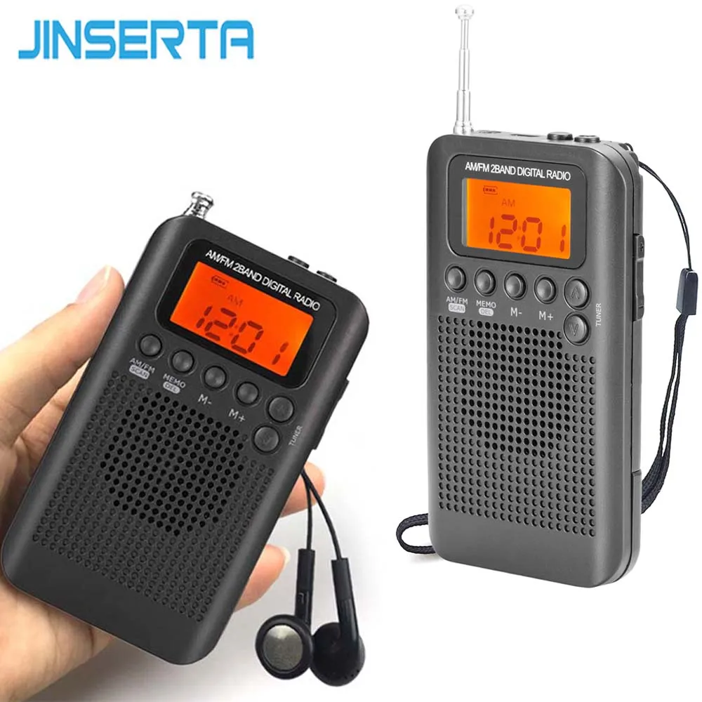 JINSERTA ポータブルミニ FM/Am ラジオスピーカー音楽プレーヤーアラーム時計液晶デジタルディスプレイサポートバッテリーと USB 駆動