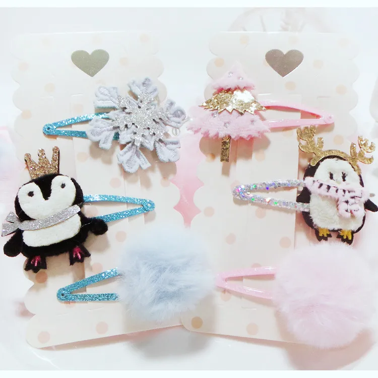 

Boutique 5Sets Fashion Glitter Tiaras Reindeer Penguin Snap Clips Fur Pom Pom Snowflake Tree Barrettes Princess Xmas Headwear