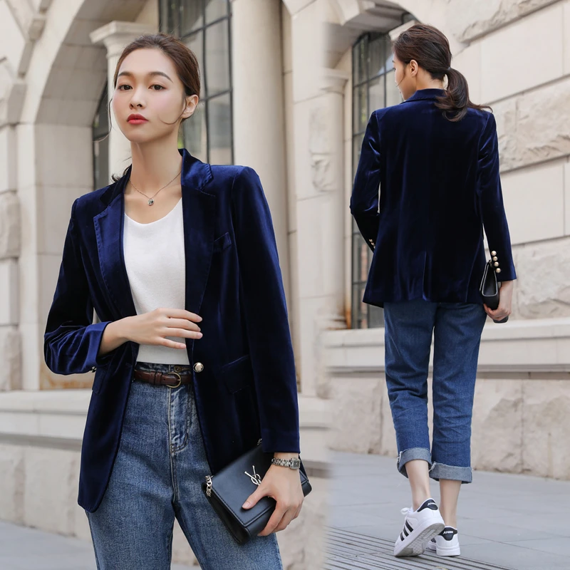 Exquisite ladies suit blue gold velvet small suit short jacket female long sleeve spring and autumn thin section 2020 new