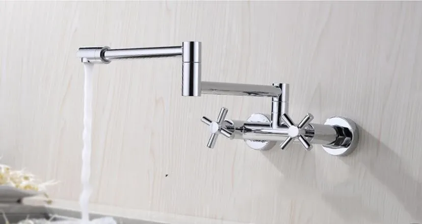 Chrome Wall mounted all brass kitchen sink faucet Double handle kitchen mixer faucet,Rotatable Foldable