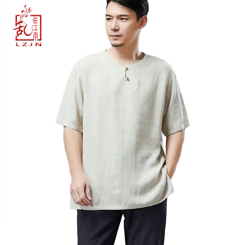 

LZJN New Summer Soild 3 Colors Tops Mens Cotton Linen Basic Short Sleeve Shirts Casual Loose Henley Tops Male