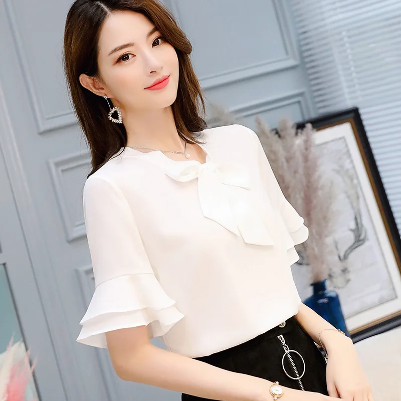 New Korean Chiffon Blouses Office Ladies Spring Summer Pure Color Bowknot Casual Shirt Women Slim Short Sleeve Leisure Top H9106