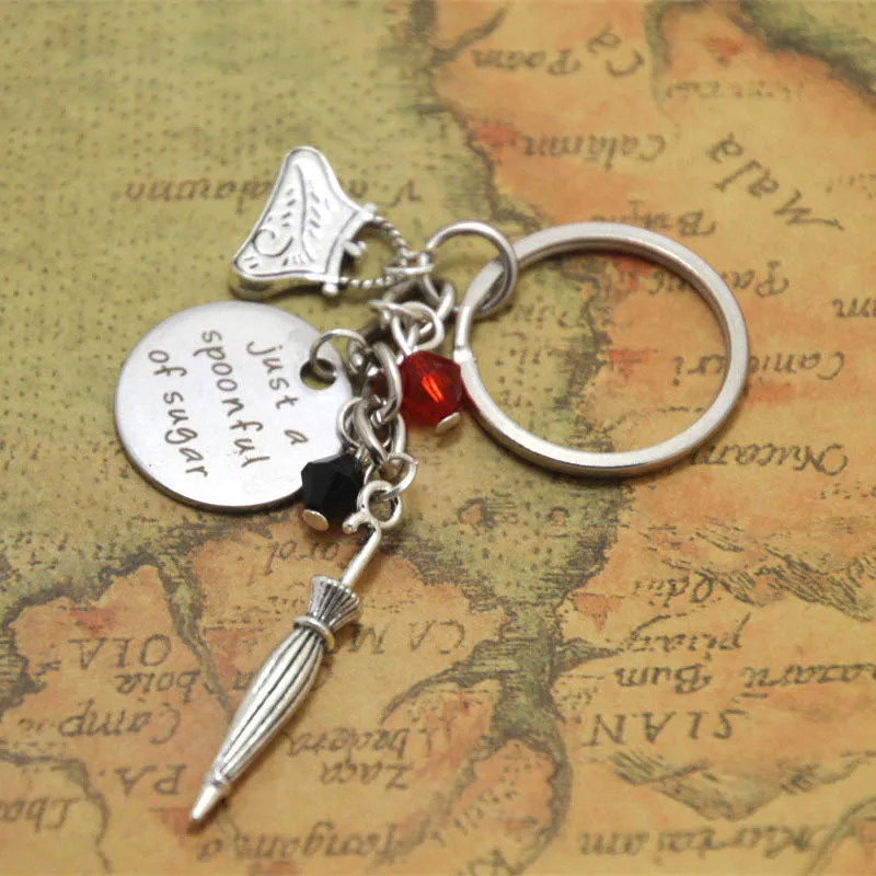 Mary Poppins Keyring Just A Spoonful Of Sugar Jewelry Charm Keychain Adjusable Silver Tone