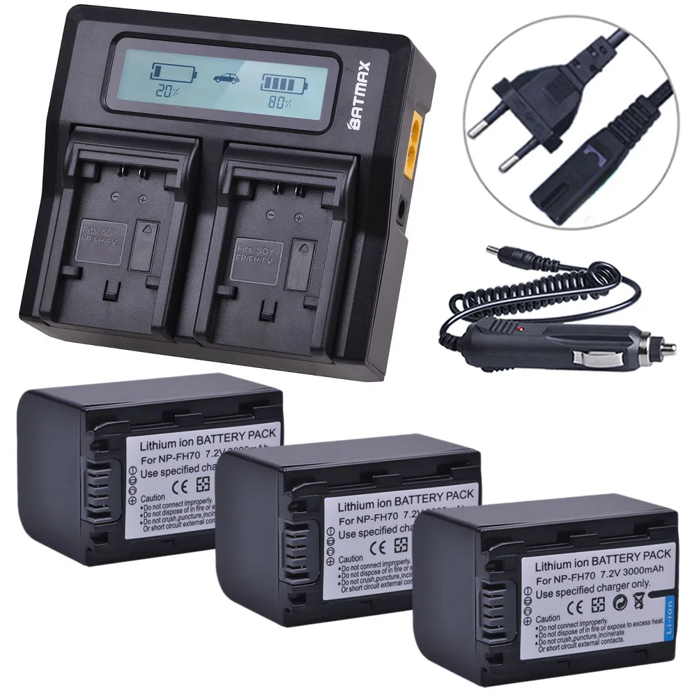 Batmax 3pc NP-FH70 NP FH70 NPFH70 Battery+LCD Rapid Dual Charger for sony NP-FH30 NP-FH100 NP-FH50 HDR-CX12E,HDR-CX7E,HDR-SR10E,