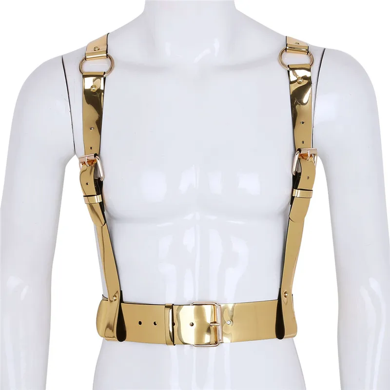 TiaoBug Fashion Gold Unisex Punk Faux Lederen Vrouwen Mannen Body Borst Harnas Taille Bondage Riem Club Wear Sexy Rave Party riem Top