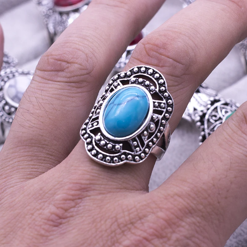 20pcs vintage stone Ring Tribal vintage retro ethnic women men unisex color mix styles alloy Jewelry wholesale lots rings