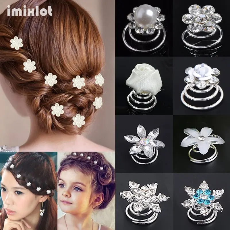 Imixlot 12pcs Bridal Crystal Pearl Flower Spiral Twist Hair Pins Clips Wedding Jewelry Bride Headdress Women Hair Accessories