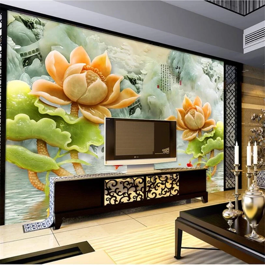 wellyu Custom photo wallpaper 3d frescoes jade carvings mountain water lotus fish Figure living room обои background wallpaper