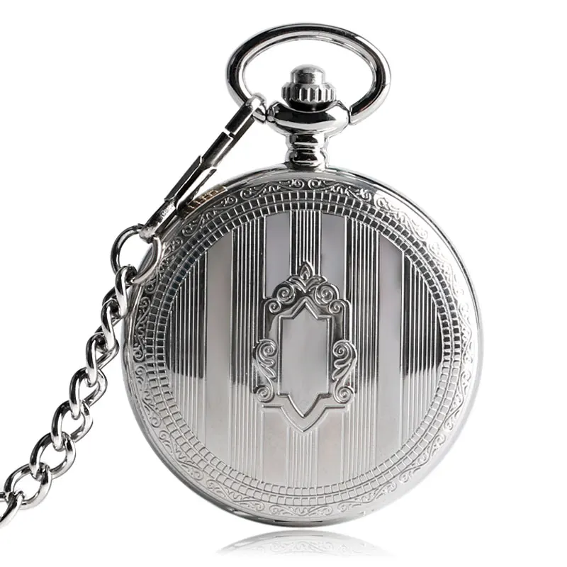 

Classic Silver Shield Pattern Strip Automatic Self-wind Mechanical Pocket Fob Watch Skeleton Dial Luxury Clock With Chain Unisex