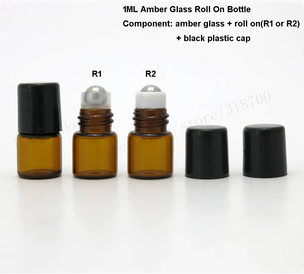 1000 x 1 ml hervulbare lege mini glazen roll-on fles 1cc amber monstertest etherische olieflesjes met roller metalen bal