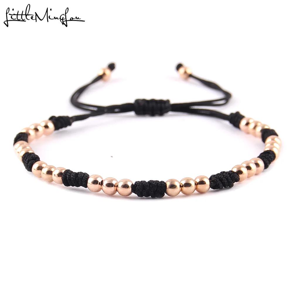 Little MingLou New Arrival 4mm Gold Color Copper Beads Braided Macrame Men Bracelets & Bangles For Women Jewelry