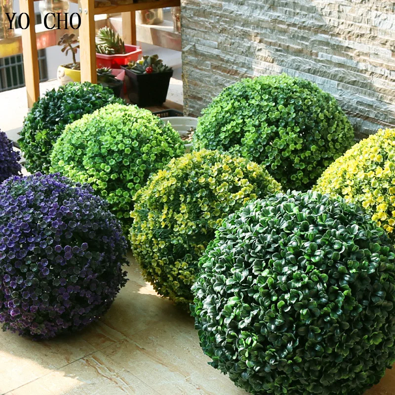 YO CHO Plante Artificielle 18/25/30CM Large Green Artificial Plastic Grass Ball decorative flowers Wedding Home Decor Fake Plant