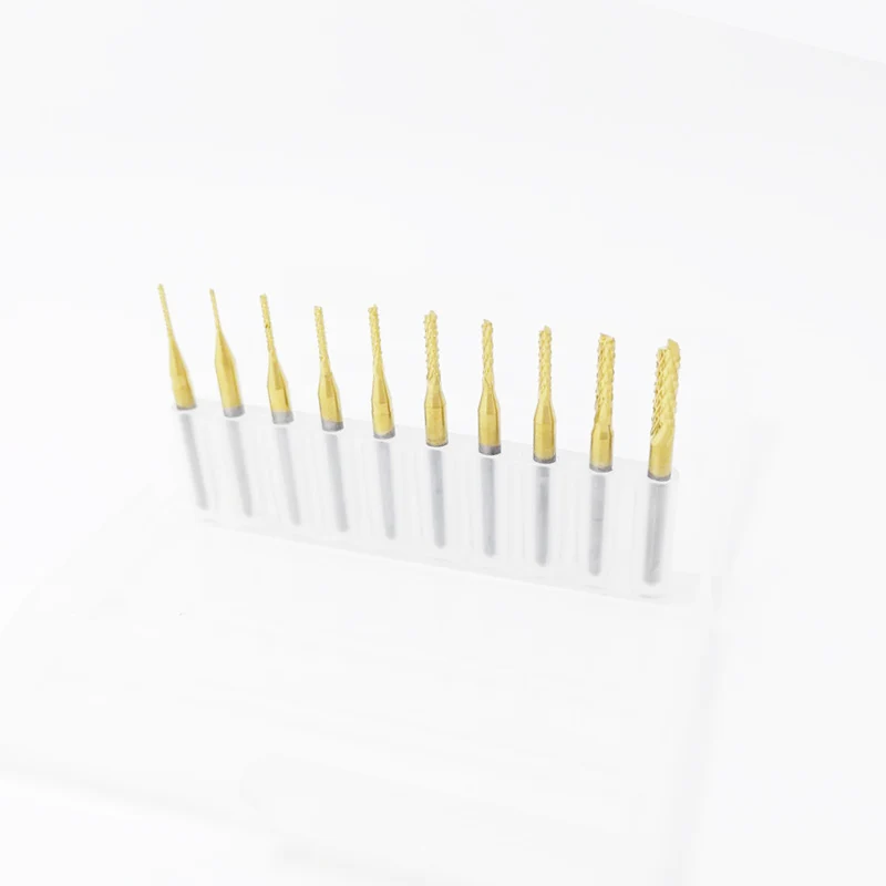 Fraise en bout de maïs, revêtement en étain de 3.175mm, PCB bits de fraisage pour PVC PCB CNC routeur bits 0.8mm à 3.0mm 10 pièces/lot