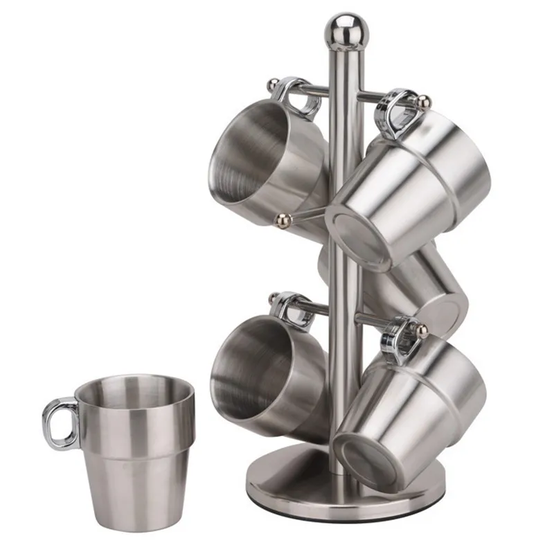 

6 pieces Double Wall Stainless Steel Mugs Cup Set with Rack Drinking Beer Coffee Tea