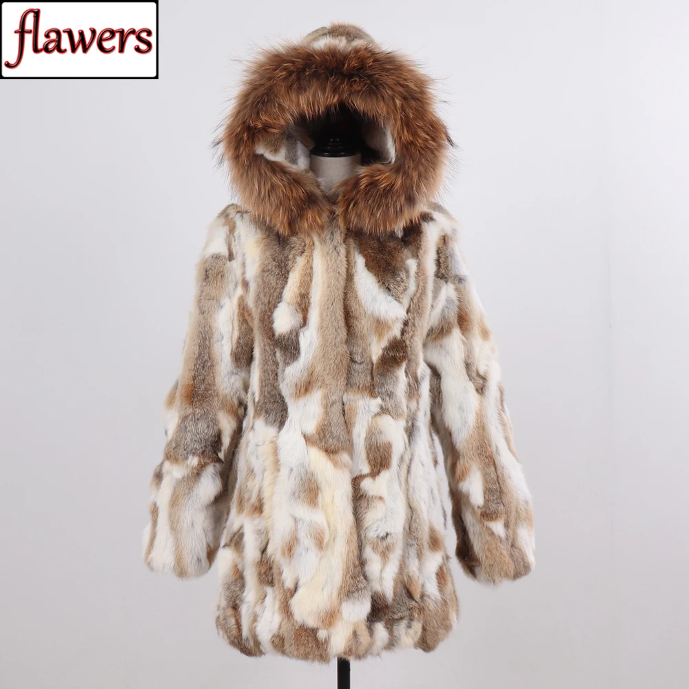 

Russia Winter Women Real Rabbit Fur Hooded Coat Natural Warm Rabbit Fur Jacket With Real Raccoon Fur Collar Lady Real Fur Coats