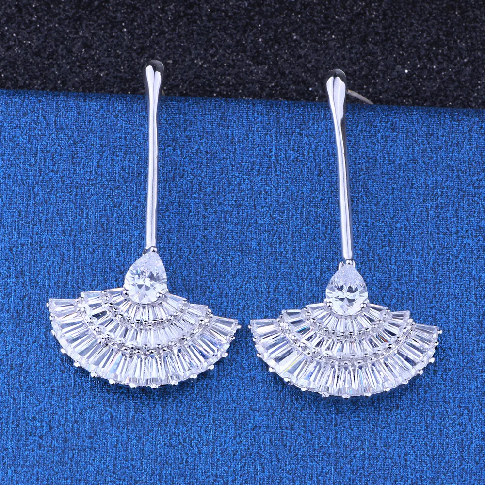 FARLENA Jewelry Silver Plated Fan-shaped Drop Earrings Inlay with Cubic Zirconia Fashion long Crystal Earrings for Women