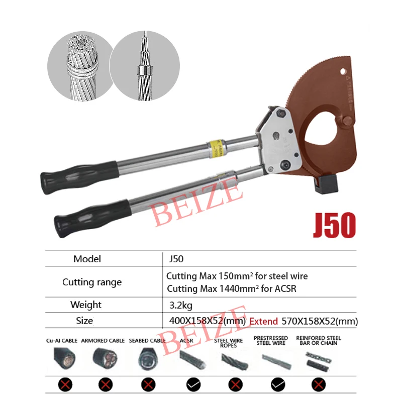 

J50 Retractable Handle Ratchet Wire Rope/Steel Strand Cutter for Cutting Max 150mm2 Prestressed Steel Wire and Max1440mm2 ACSR