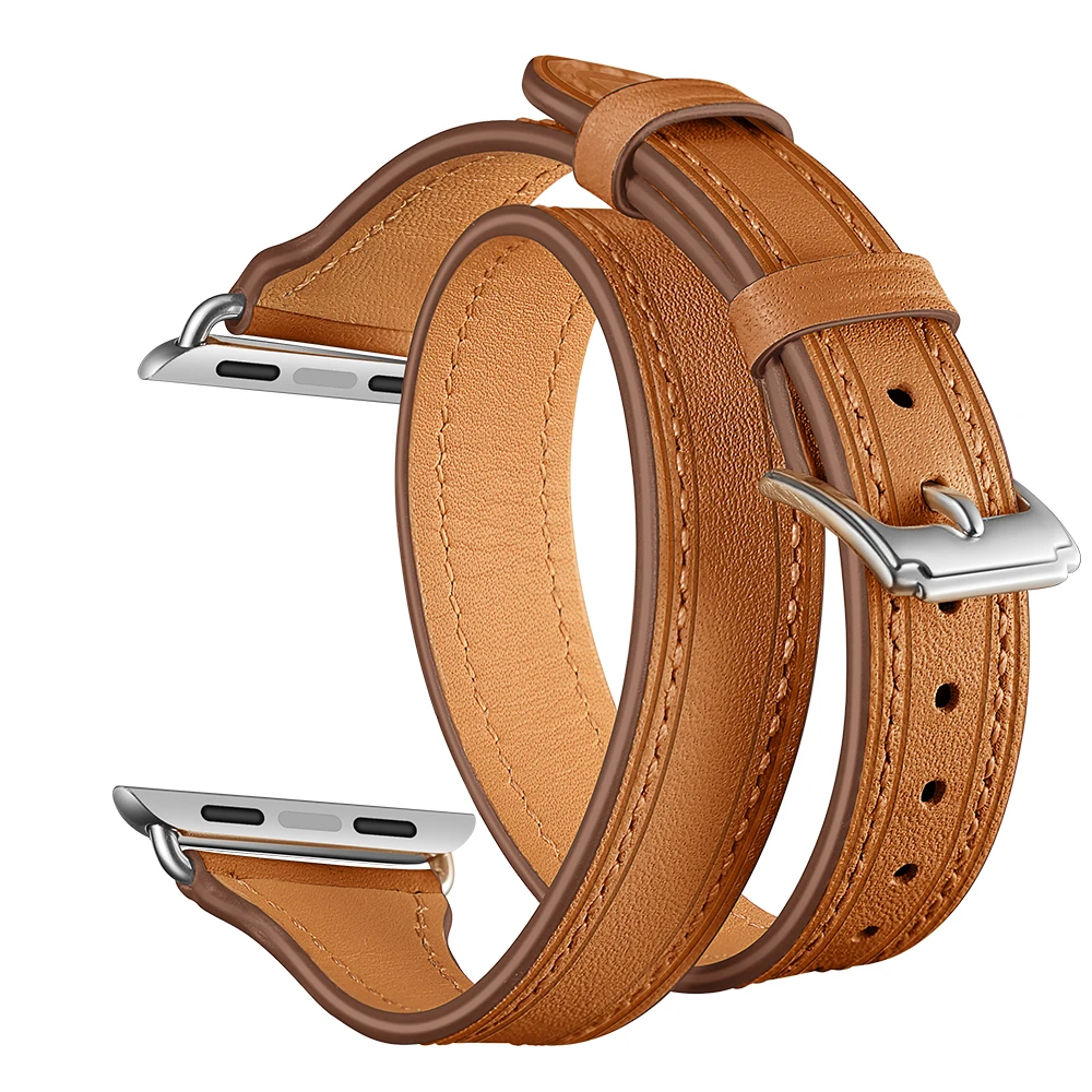 Double Tour For Apple watch band 40mm 44mm 45mm 41mm 42mm 38mm Genuine Leather watchband Bracelet iWatch serie 3 5 se 6 7 Strap image 6