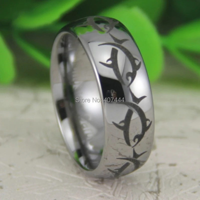 

Free Shipping USA UK Canada Russia Brazil Hot Sale 8MM Silver Dome Maori Whale Tribal Fish The New Men's Tungsten Carbide Ring