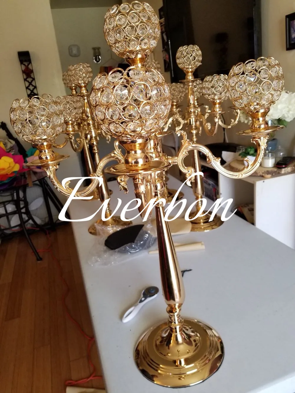 75cm height 5-arms metal Gold candelabras with pendants sumptuous wedding table candle holder home decoration 10 pcs/lot