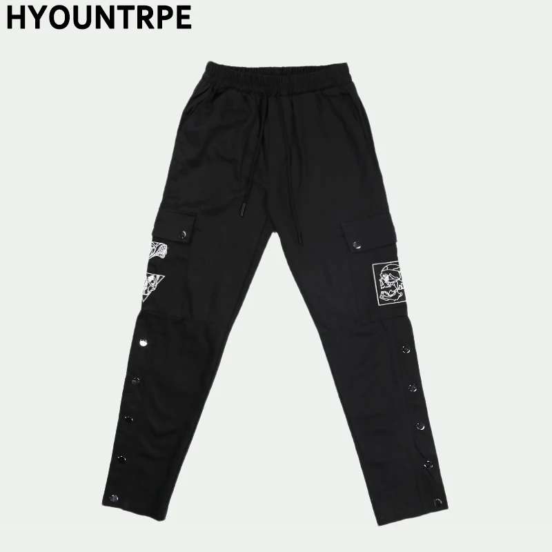 2019 novos bolsos de carga streetwear calças de homem casual hip hop joggers botão lateral calças com cordão de cintura elástica