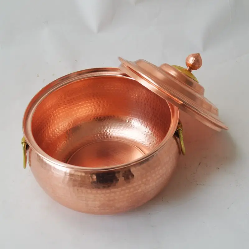 Handmade Pure Copper Casserole Stew Pot Deep Thick Handle with Lid Induction Cooker