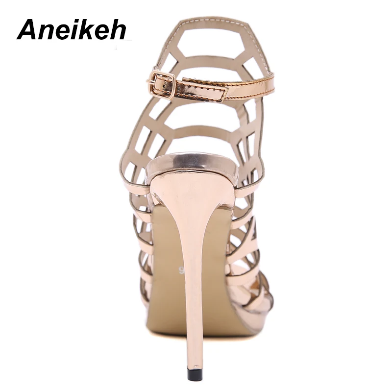 Aneikeh 2024 Fashion Night Club Sexy Hollow Out Super High Heel Womens Sandals Patent Leather Gladiator Golden Party Shoes 35-40