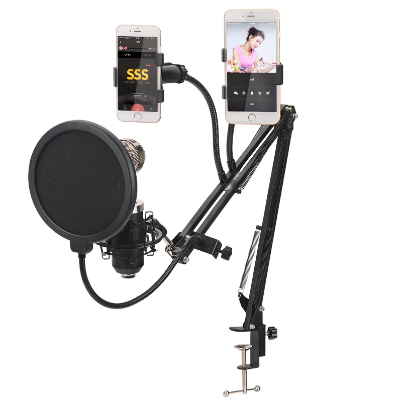 New Adjustable Recording Microphone Arm Stand with Mic Round Shape Wind Pop Filter Mask Shield and Phone Holder