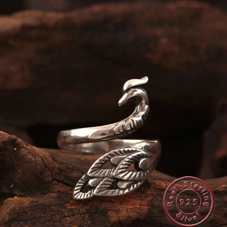Amxiu Vintage Antique Silver Open Rings 925 Sterling Silver Peacock Ring For Women Lady Party Accessories Animal Jewelry Rings