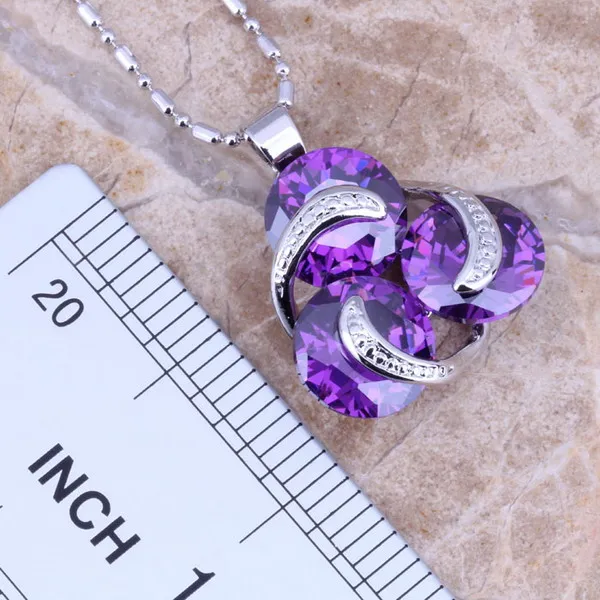 Distinctive Purple Cubic Zirconia Silver Plated Jewelry Sets Earrings Pendant Ring Size 6 / 7 / 8 / 9 / 10 S0125