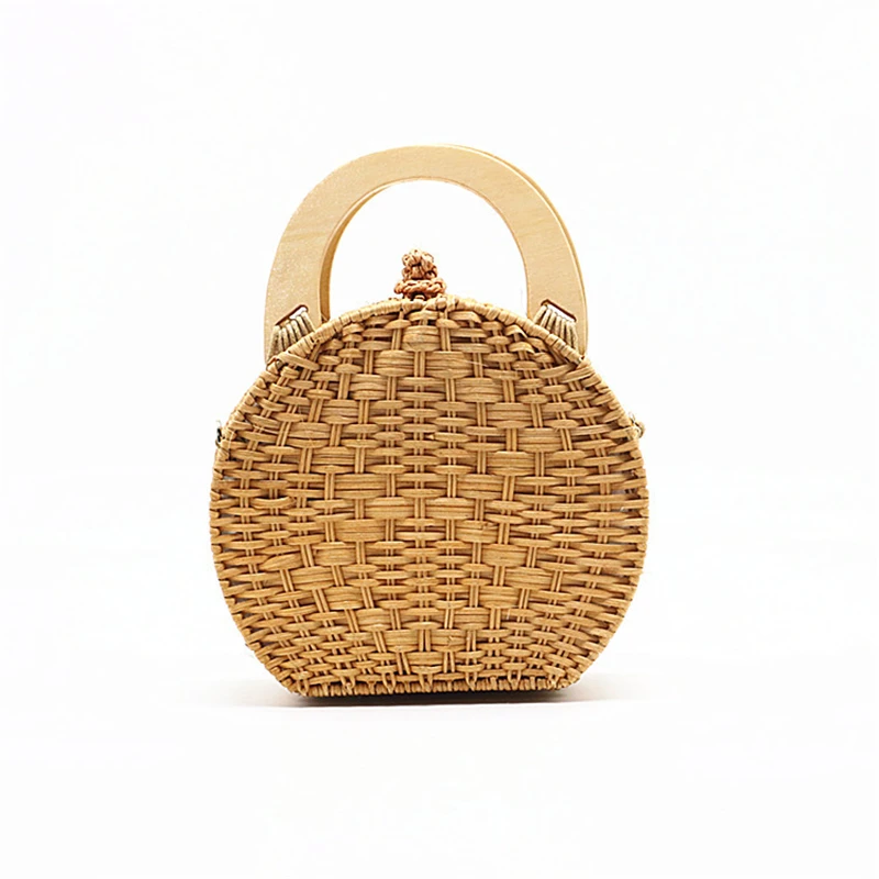 Straw Handbag Women Wooden Hand-Woven Top-Handle Beach Bag Circular Knitting Bags Travel Tote Straw Bags For Women Crossbody Bag