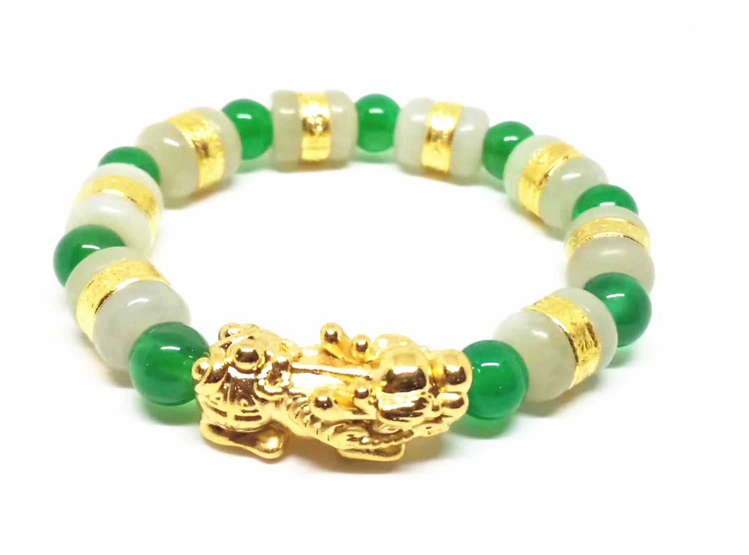 24K Gold Brave Troops Pendant Gold and Hetian Jade Green Chalcedony Beaded Bracelet