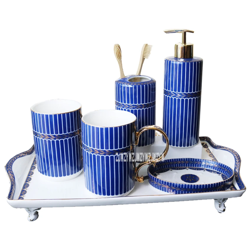 Wedding Gift Ceramic Bathroom Set Modern Simple Washing Suit Six-Piece Kit Lotion Bottle/Toothbrush Cup/Tooth Mug/Soap Dish/Tray