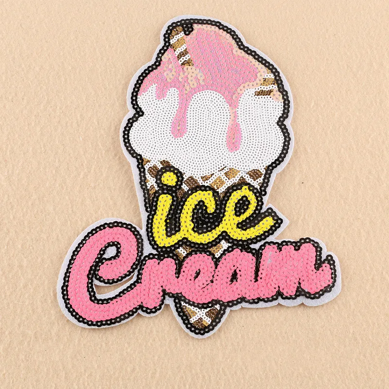 Sequin Patches Ice Cream Large Patch for Clothing Jackets Clothes Sticker Sewing on Applique DIY Craft Sequined Badge Apparel