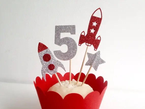 Toppers de cohete y estrella rojos brillantes para cupcakes, número personalizado, palillos de dientes para fiesta de cumpleaños de niña, adorno para pastel de boda