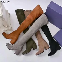 Slip-on Woman long Boots Suede Leather Over-the-knee Boots Drawstring Design Thick Heel Autumn Winter Female Fashion Shoes