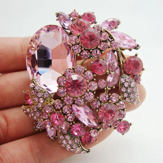 New Fashion Pretty Pink Flower Leaf Pendant Brooch Pin Rhinestone Crystal