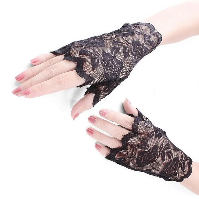 Guantes de encaje cortos sin dedos para mujer, protección solar, estampado de flores rosas, etiqueta, L18