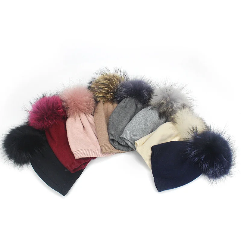 Kinder Stricken Beanie Hut Färben Waschbären Pelz Pom Pom Winter Hut Junge Mädchen Warme Skullies Knochen Marke Kinder Baby weiche Kappe