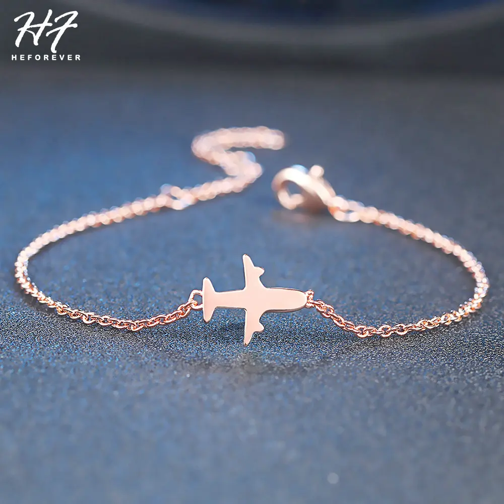 Childlike Airplane Bracelet For Women Simple Little Plane Fly Higher Rose White Gold Color Birthday Gift Fashion Jewelry DZH002