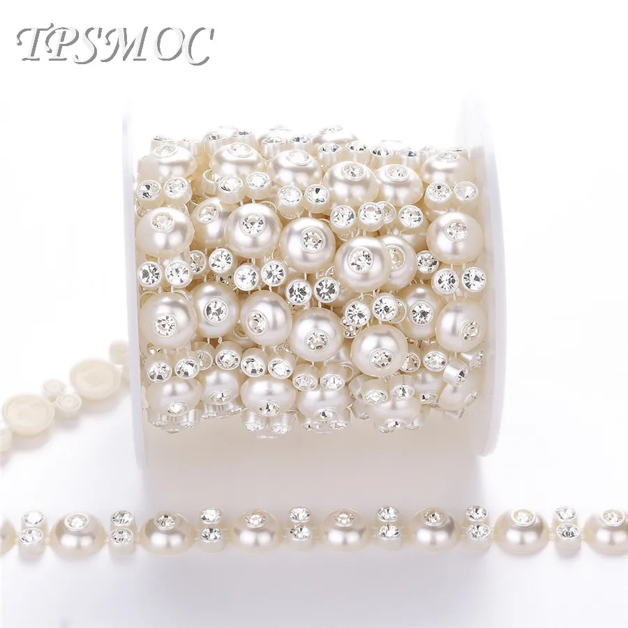 TPSMOC 5yards Rhinestone chain Sewing Trim Flat Back ABS Pearl Chain String Beads Diy For Wedding Dress Jewelry decoration