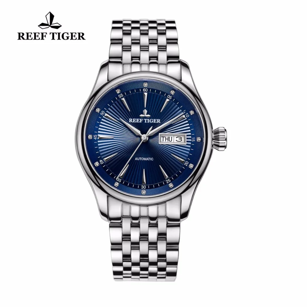 Reef Tiger/RT Mens Dress Watch Full Stainless Steel Blue Dial Automatic Wrist Watches with Date Day RGA8232