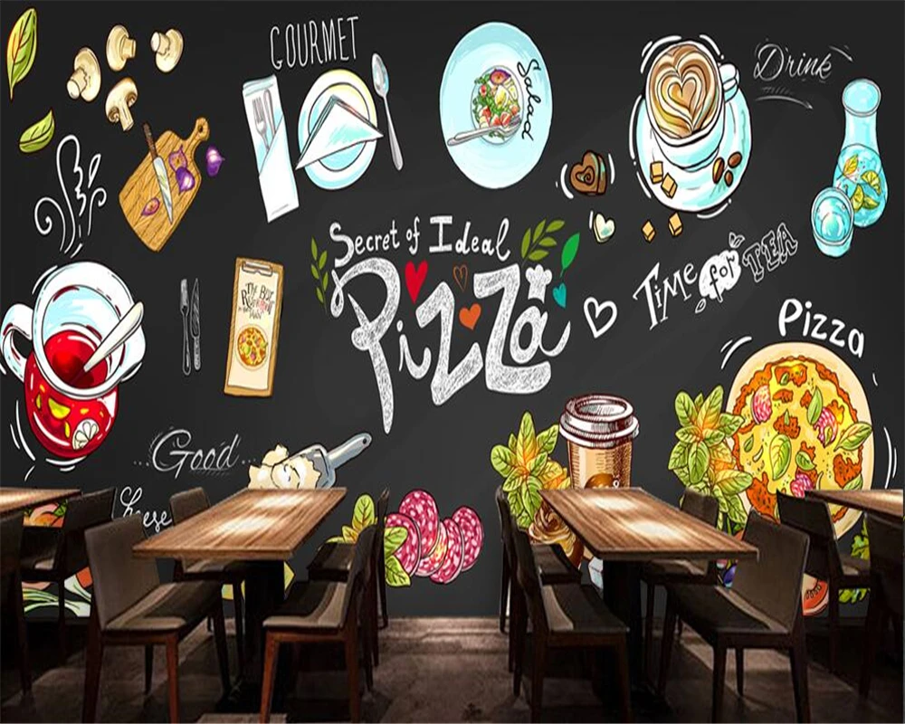 

Beibehang Custom wallpaper HD hand-painted blackboard pizzeria background wall restaurant canteen decorative mural 3d wallpaper