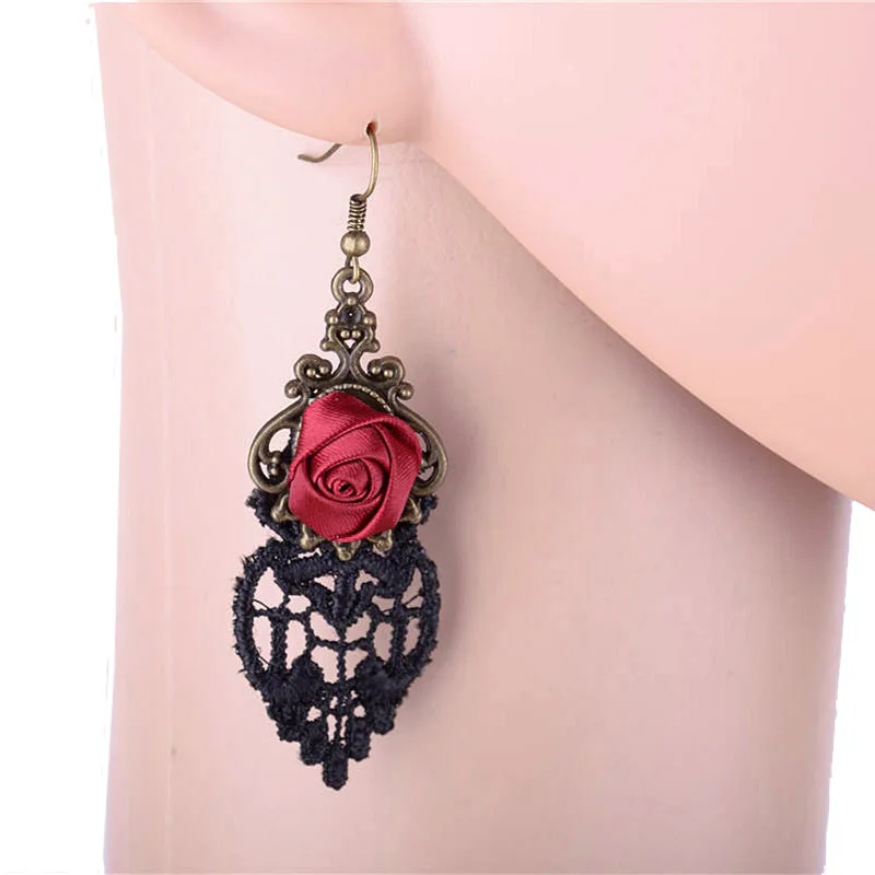 Handmade Sexy Womens Gothic Red Flower Rose Black Knitted Floral Lace Drop Dangle Earrings Alloy Hook Ball Party Bridal Lolita