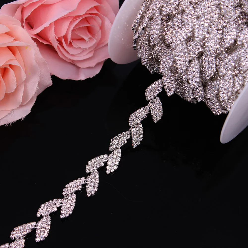 1Yard Fashion Rose Gold Crystal Wedding Dress Belt Bridal Cup Chain Trim Leaf shape Rhinestone Trim Sew on Garments DIY Dress