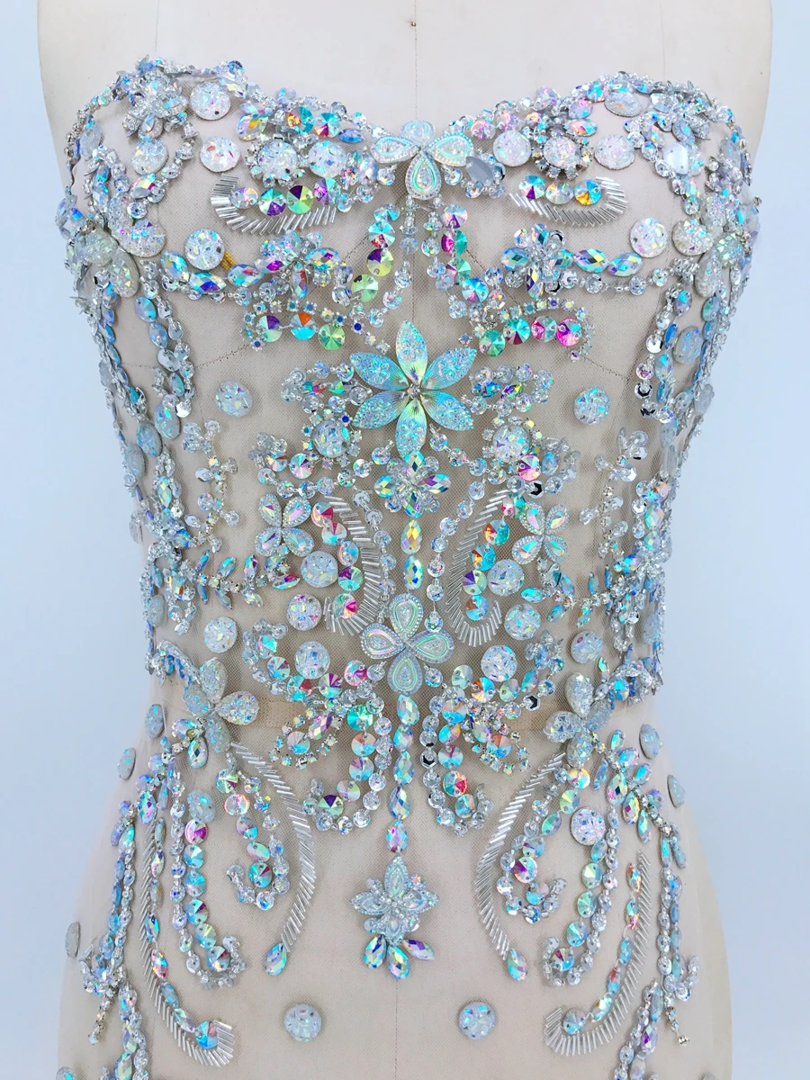 A15 Hand made crystals trim patches clear AB colour sew on Rhinestones applique 48*32cm for top dress skirt DIY accessory