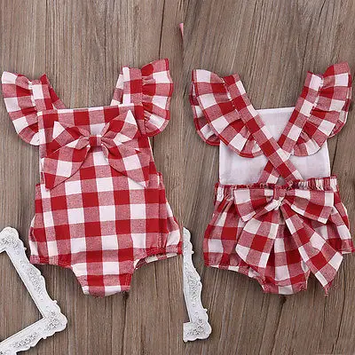 Citgeett Summer Newborn Infant Kids Baby Girl Red Plaid Romper Jumpsuit Red With Headband Outfit Clothes 0-18M SS